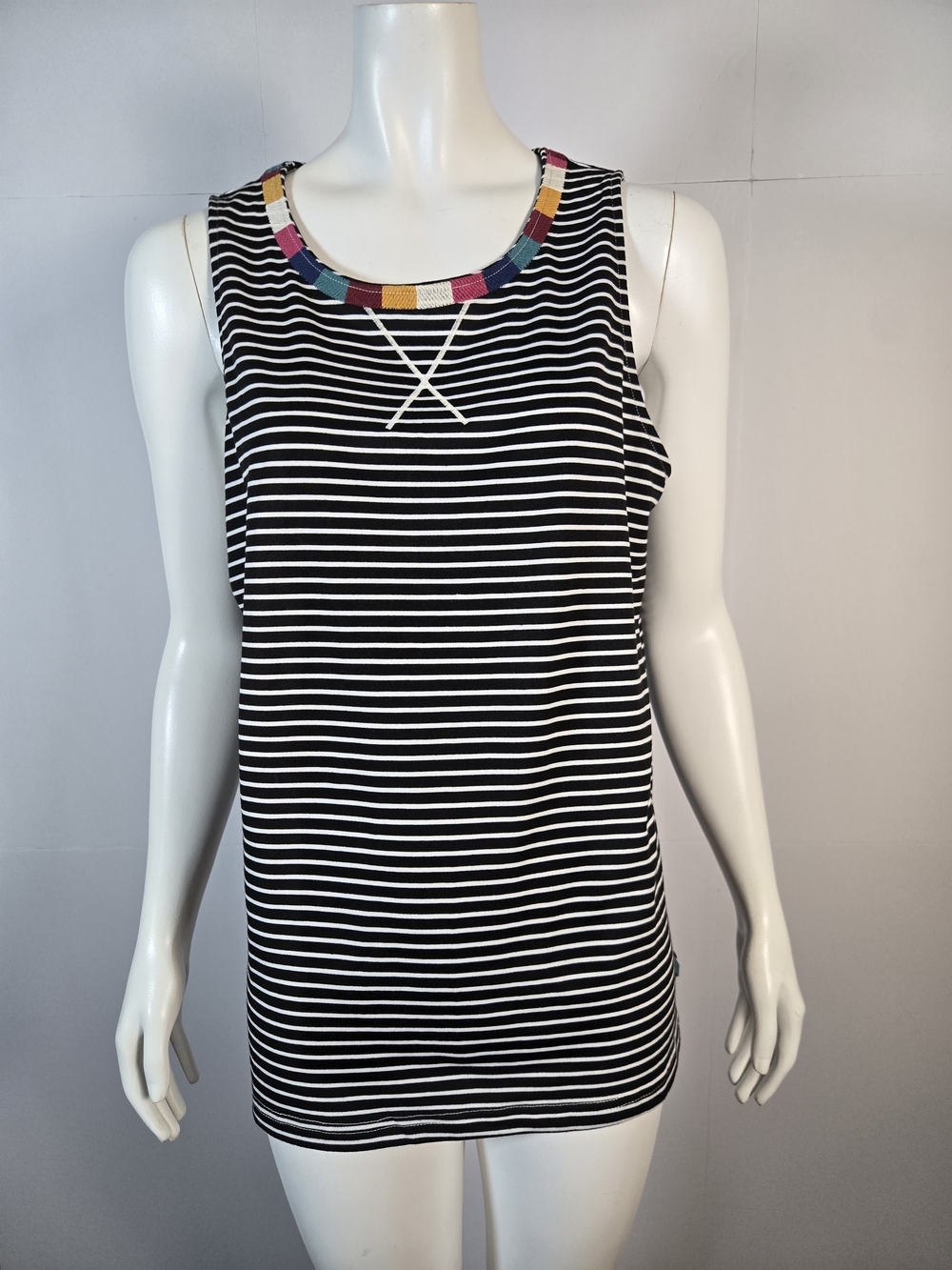 Savanna Jane Black & White Striped Tank with Colorblock Neck Trim